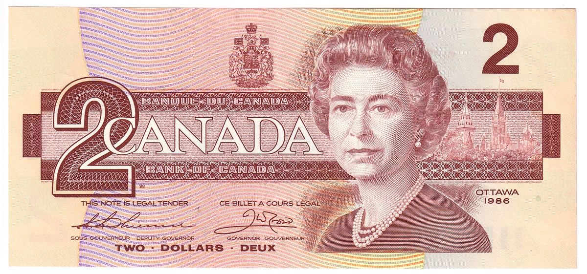 BC-55b 1986 Canada $2 Thiessen-Crow, BBE, Almost Uncirculated (AU50)