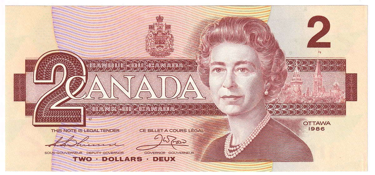 BC-55b 1986 Canada $2 Thiessen-Crow, BBE, AU-UNC (AU55)