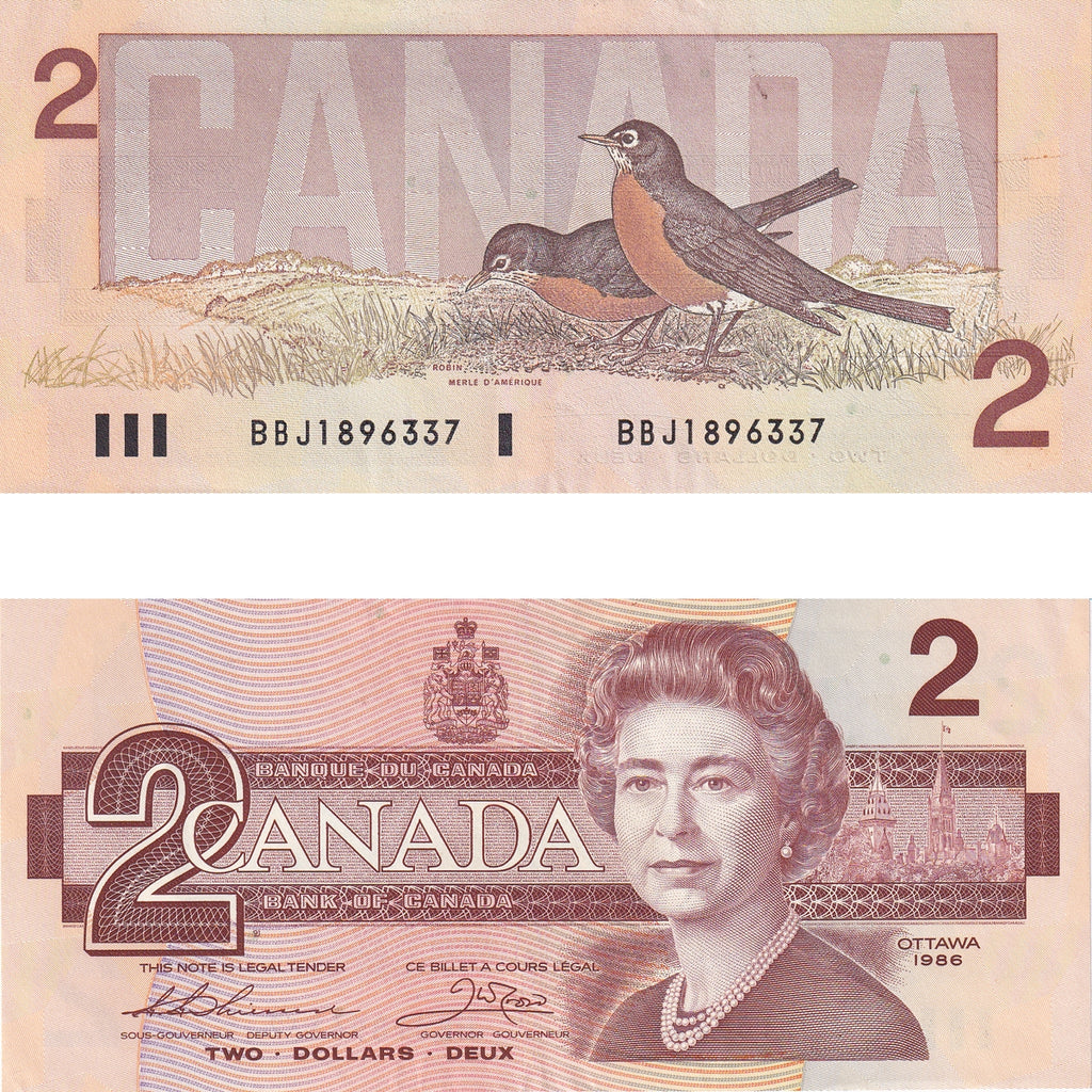 BC-55b 1986 Canada $2 Thiessen-Crow, BBJ, Almost Uncirculated (AU50)