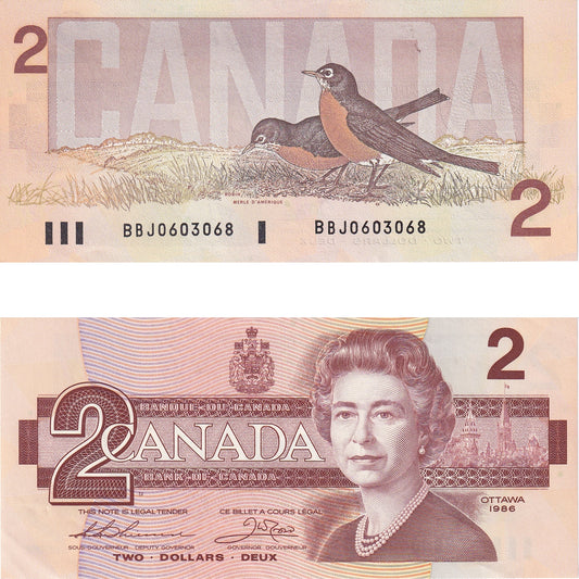BC-55b 1986 Canada $2 Thiessen-Crow, BBJ, AU-UNC (AU55)