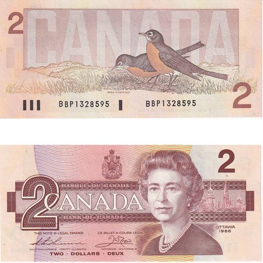 BC-55b 1986 Canada $2 Thiessen-Crow, BBP, Large B, Uncirculated (UNC60)