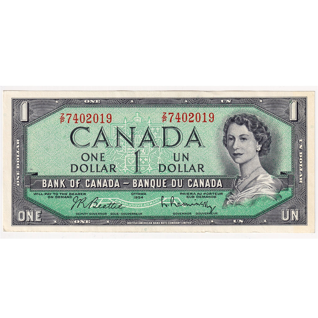 BC-37b-i 1954 Canada $1 Beattie-Rasminsky, Z/P, Extra Fine (EF40)