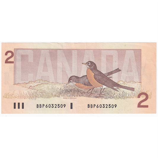 BC-55b 1986 Canada $2 Thiessen-Crow, BBP, Small B, Almost Uncirculated (AU50)