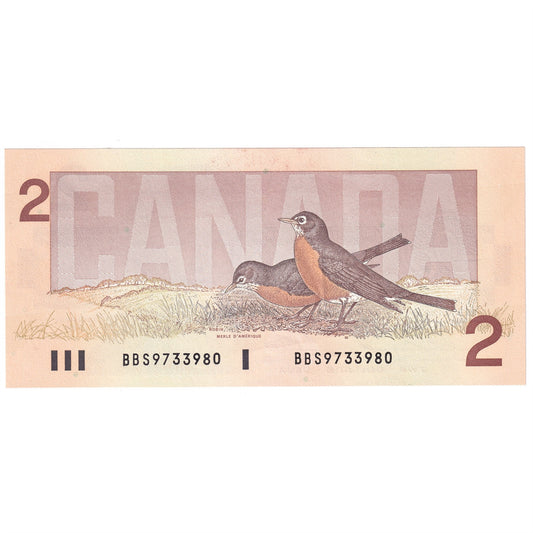 BC-55b 1986 Canada $2 Thiessen-Crow, BBS, Almost Uncirculated (AU50)
