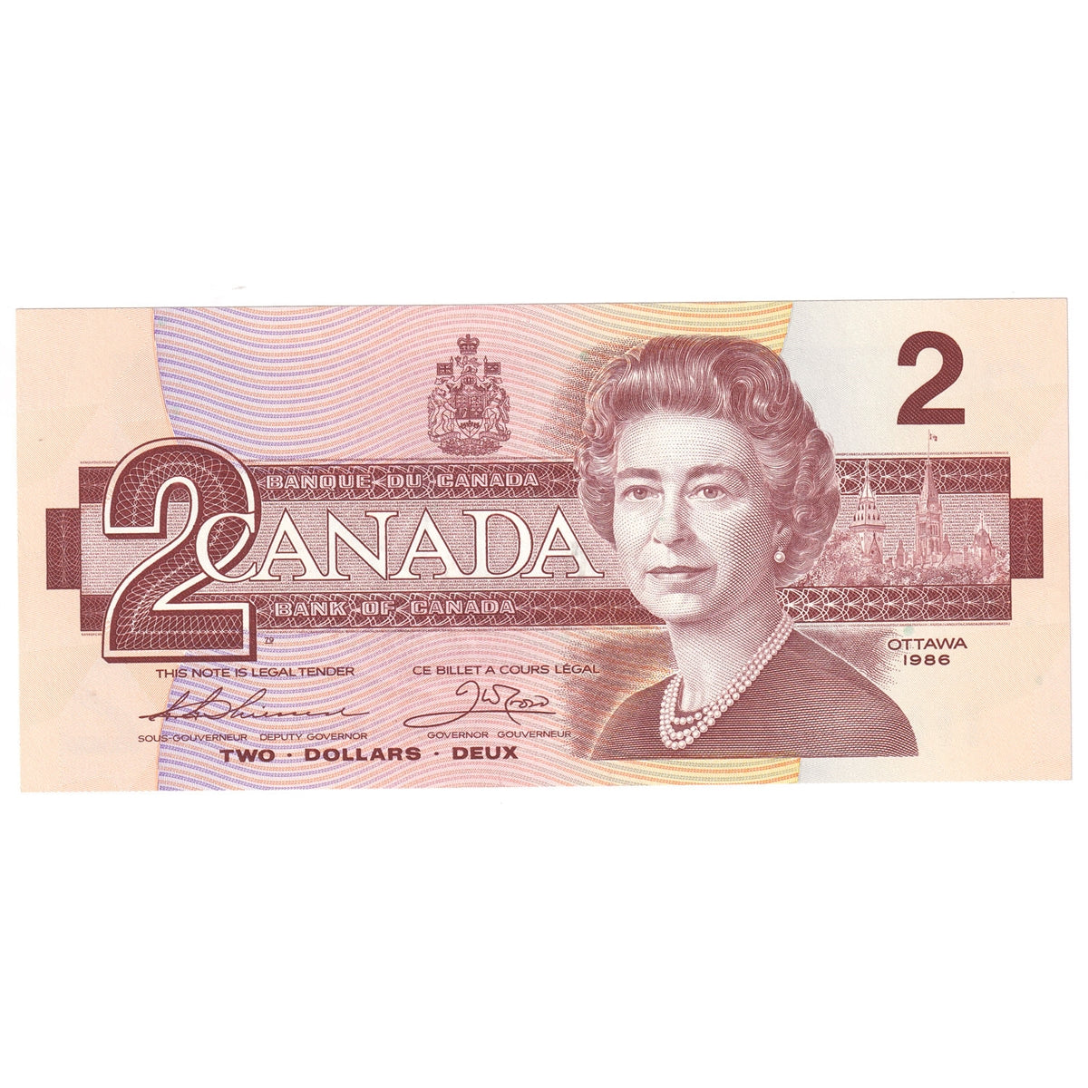 BC-55b 1986 Canada $2 Thiessen-Crow, BBS, Almost Uncirculated (AU50)