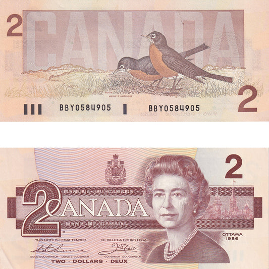 BC-55b 1986 Canada $2 Thiessen-Crow, BBY, Almost Uncirculated (AU50)