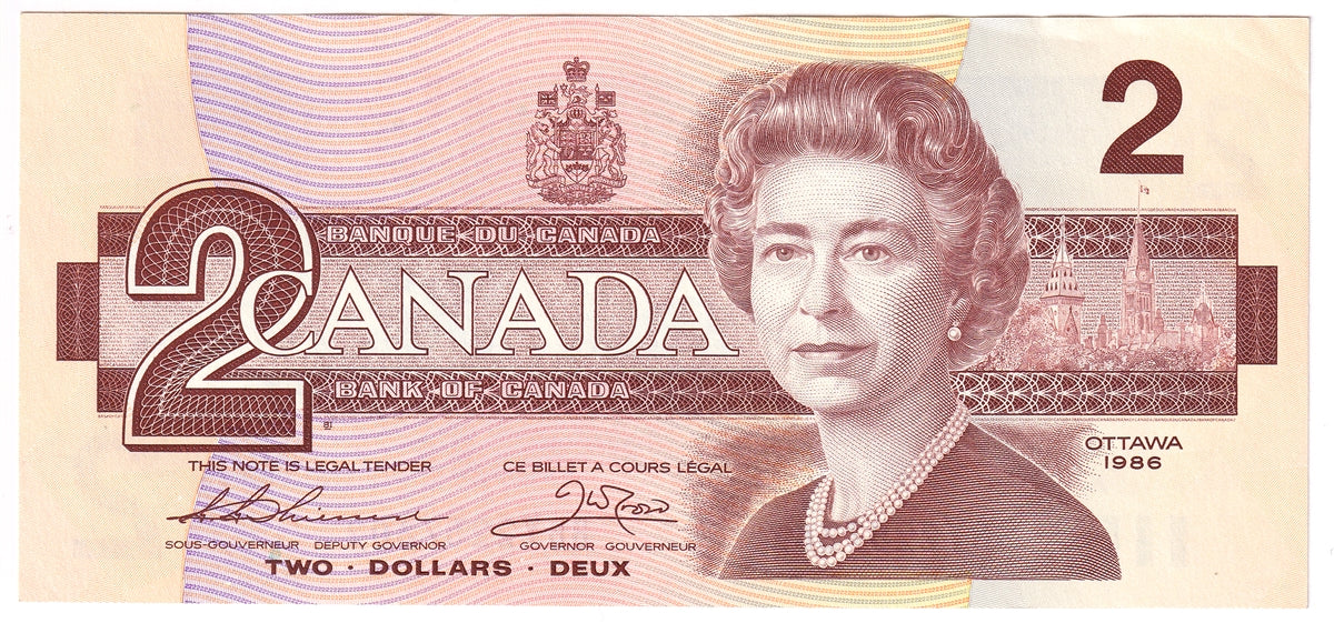 BC-55b 1986 Canada $2 Thiessen-Crow, BBY, AU-UNC (AU55)