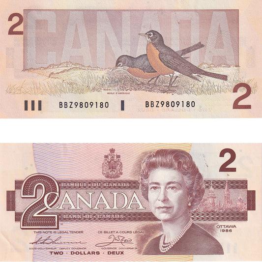 BC-55b 1986 Canada $2 Thiessen-Crow, BBZ, AU-UNC (AU55)
