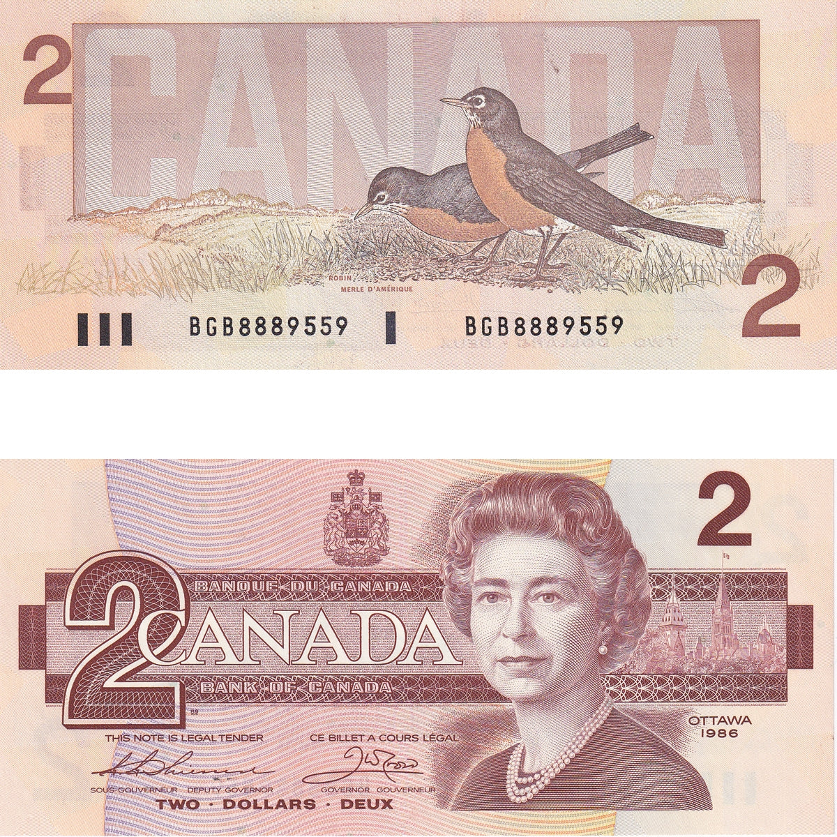 BC-55b 1986 Canada $2 Thiessen-Crow, BGB, Choice Uncirculated (CUNC63)