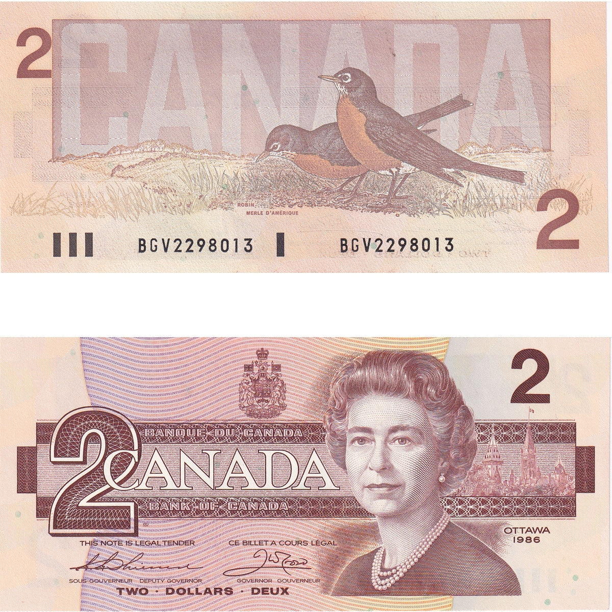 BC-55b 1986 Canada $2 Thiessen-Crow, BGV, Choice Uncirculated (CUNC63)
