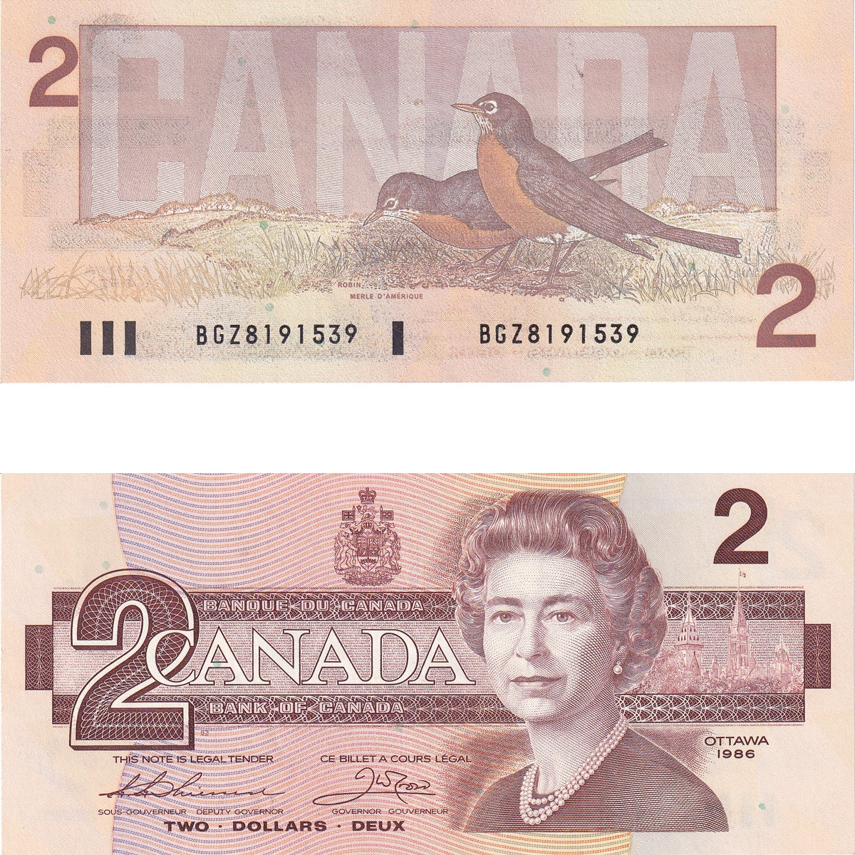 BC-55b 1986 Canada $2 Thiessen-Crow, BGZ, Uncirculated (MS60)