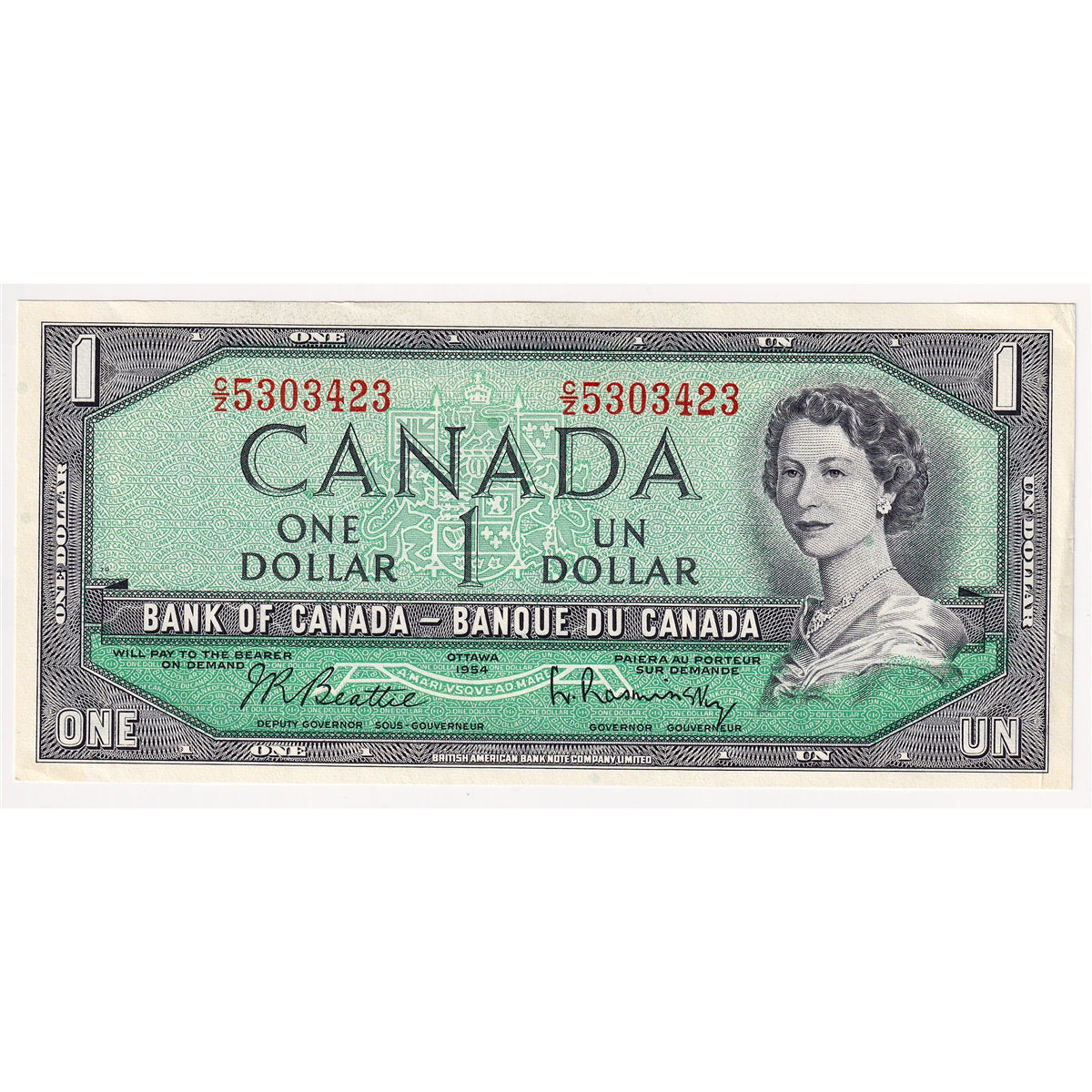 BC-37b-i 1954 Canada $1 Beattie-Rasminsky, C/Z, Extra Fine (EF40)