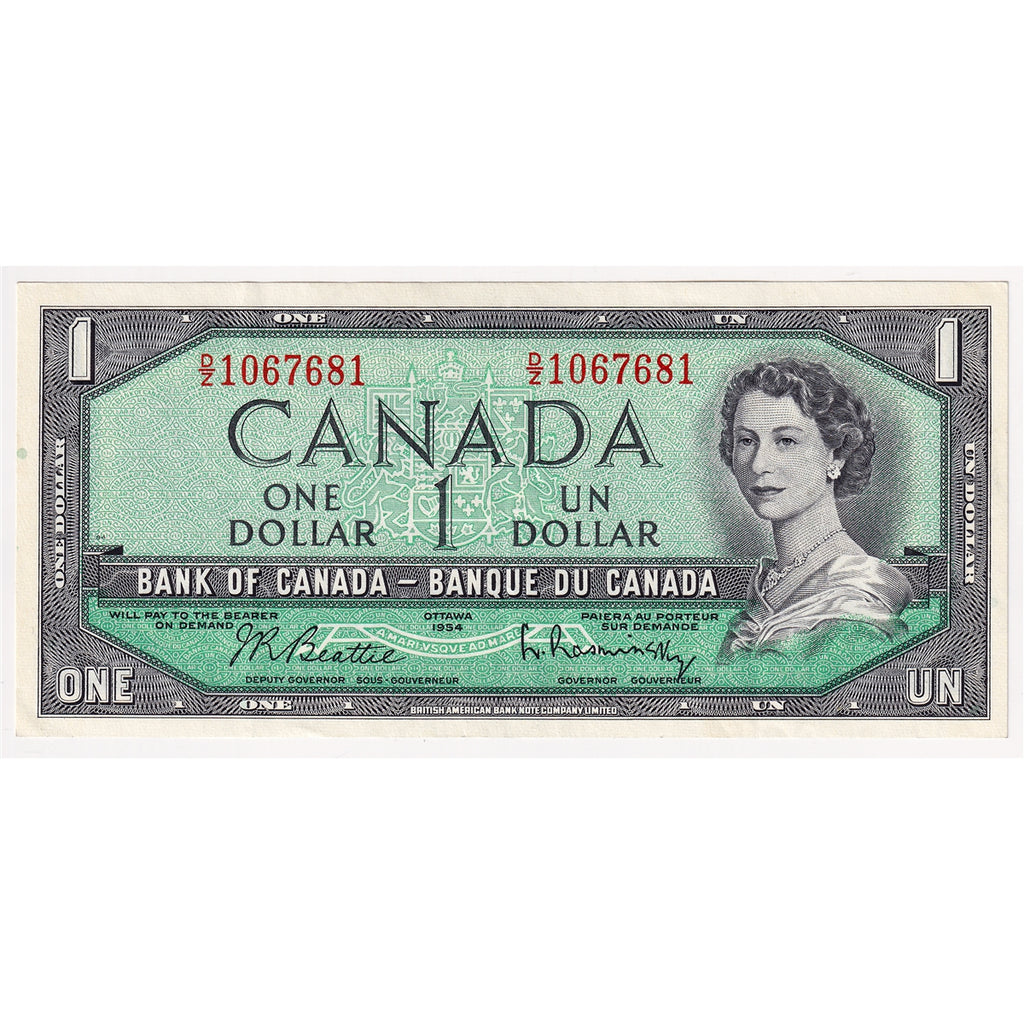 BC-37b-i 1954 Canada $1 Beattie-Rasminsky, D/Z, Extra Fine (EF40)