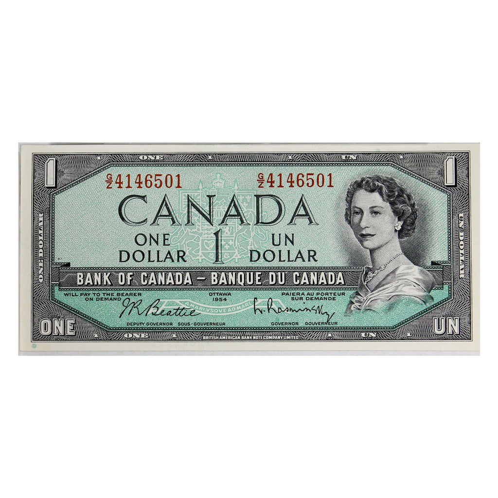 BC-37b-i 1954 Canada $1 Beattie-Rasminsky, G/Z, AU-UNC (AU55)