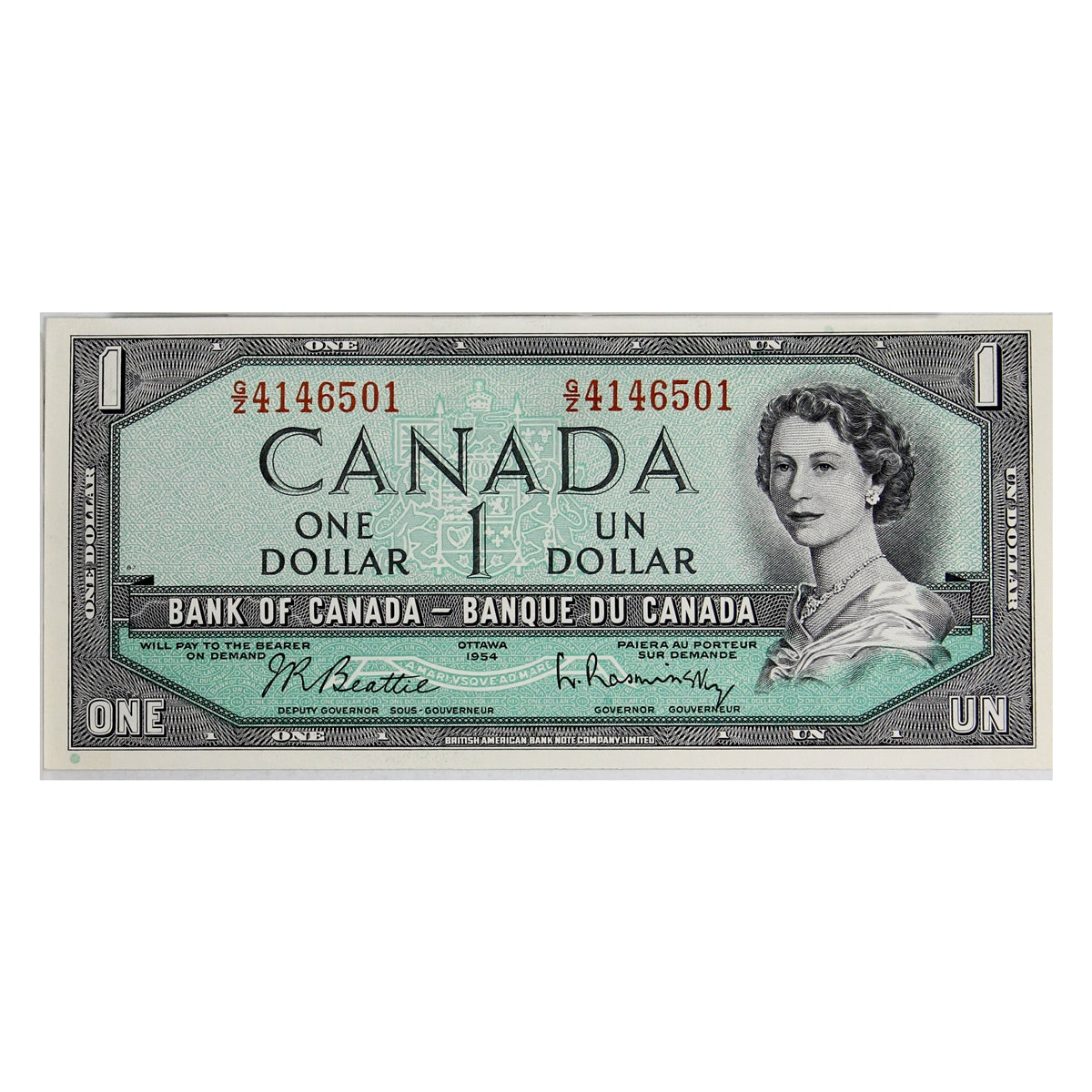 BC-37b-i 1954 Canada $1 Beattie-Rasminsky, G/Z, AU-UNC (AU55)