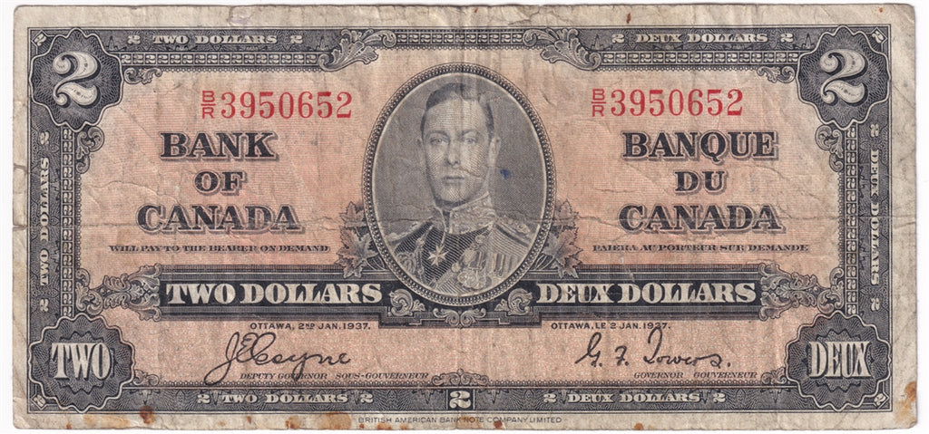 BC-22c 1937 Canada $2 Coyne-Towers, B/R, Circ