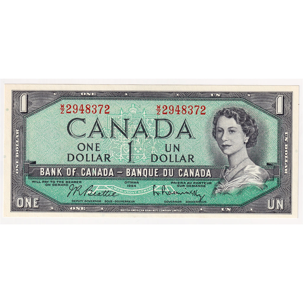 BC-37b-i 1954 Canada $1 Beattie-Rasminsky, W/Z, Uncirculated (MS60)