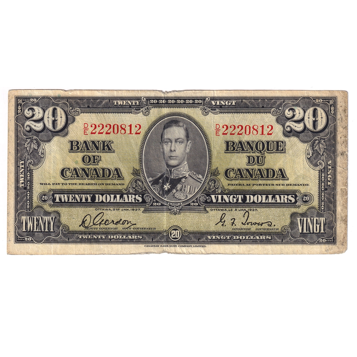 BC-25b 1937 Canada $20 Gordon-Towers, D/E, Circ