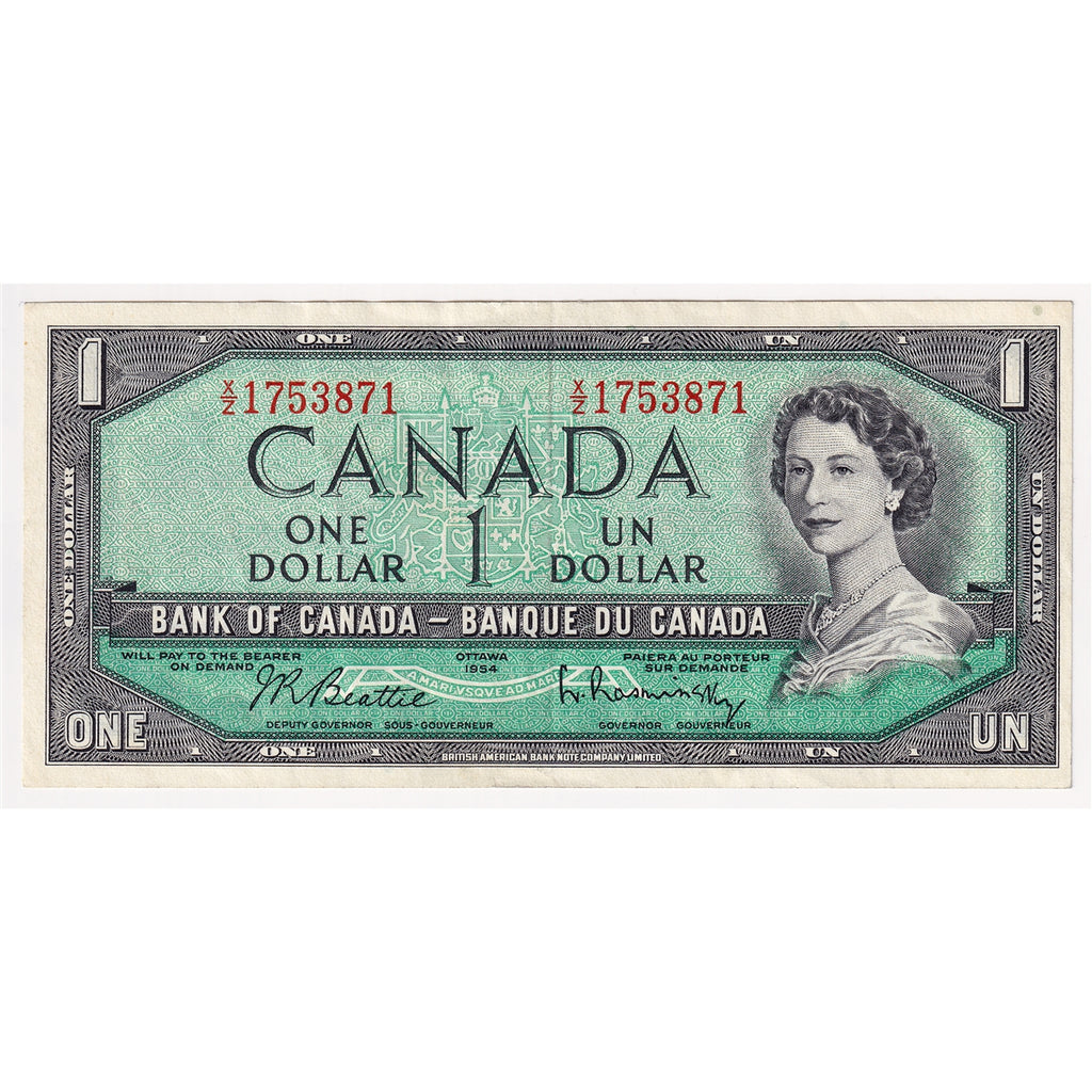 BC-37b-i 1954 Canada $1 Beattie-Rasminsky, X/Z, Extra Fine (EF40)