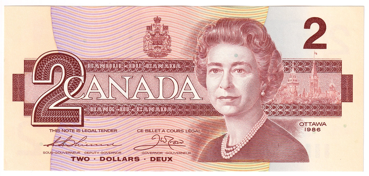 BC-55b-i 1986 Canada $2 Thiessen-Crow, EGJ, Choice Uncirculated (CUNC63)