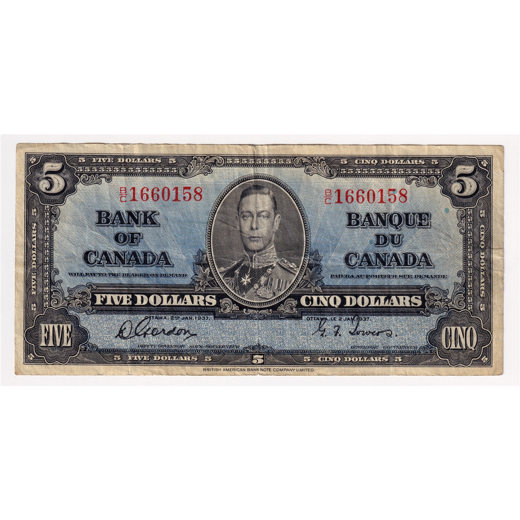 BC-23b 1937 Canada $5 Gordon-Towers, B/C, F-VF (F15)