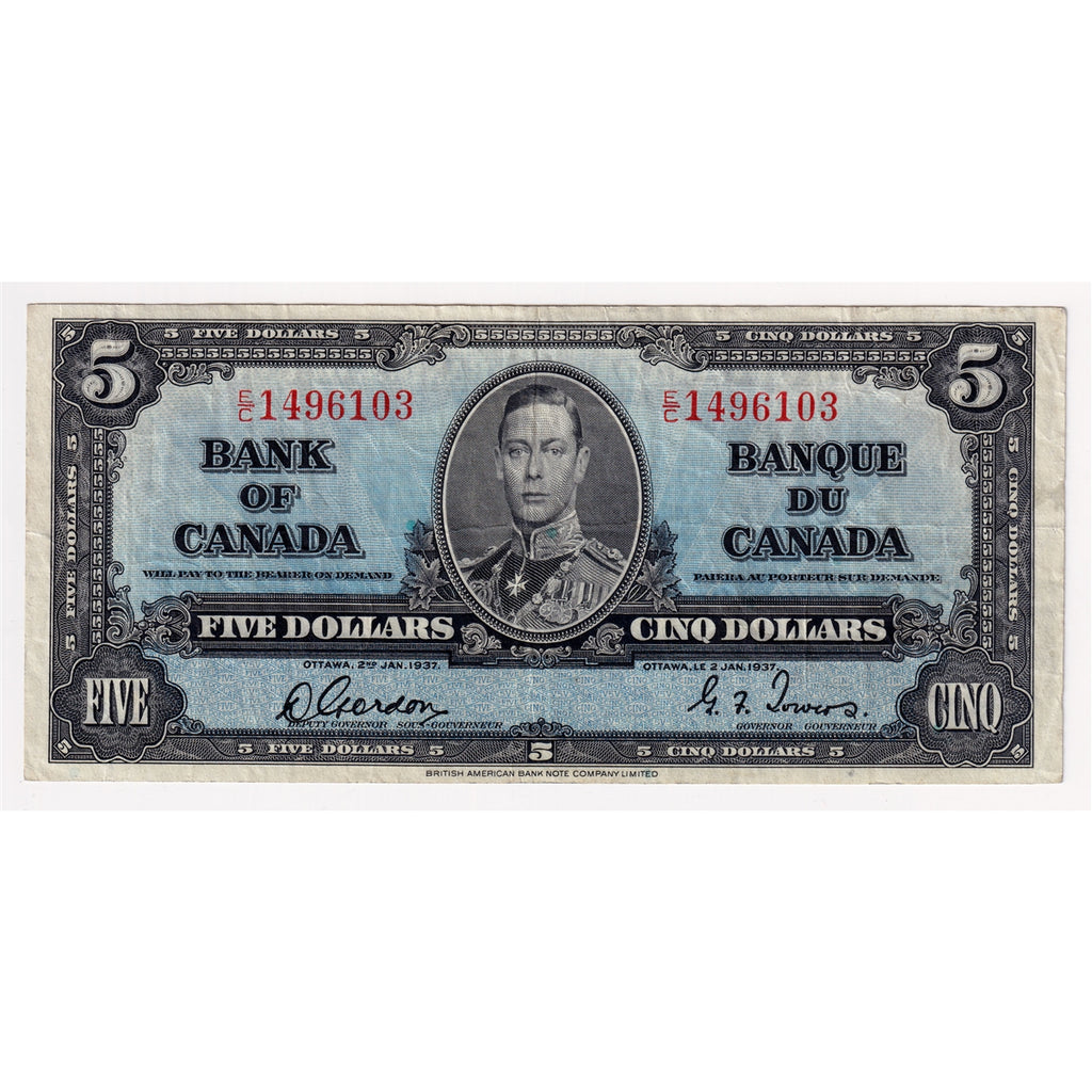 BC-23b 1937 Canada $5 Gordon-Towers, E/C, Very Fine (VF20)