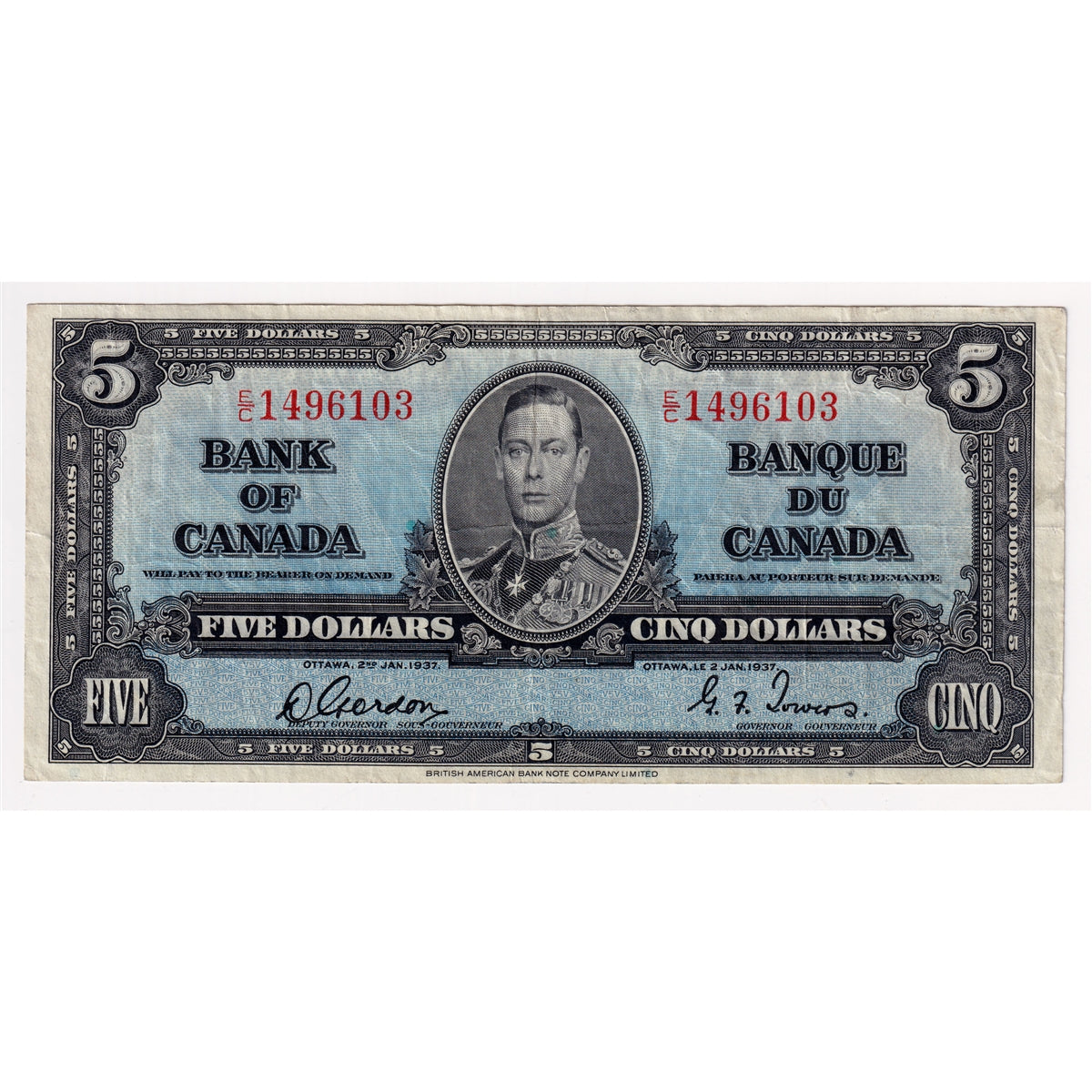 BC-23b 1937 Canada $5 Gordon-Towers, E/C, Very Fine (VF20)