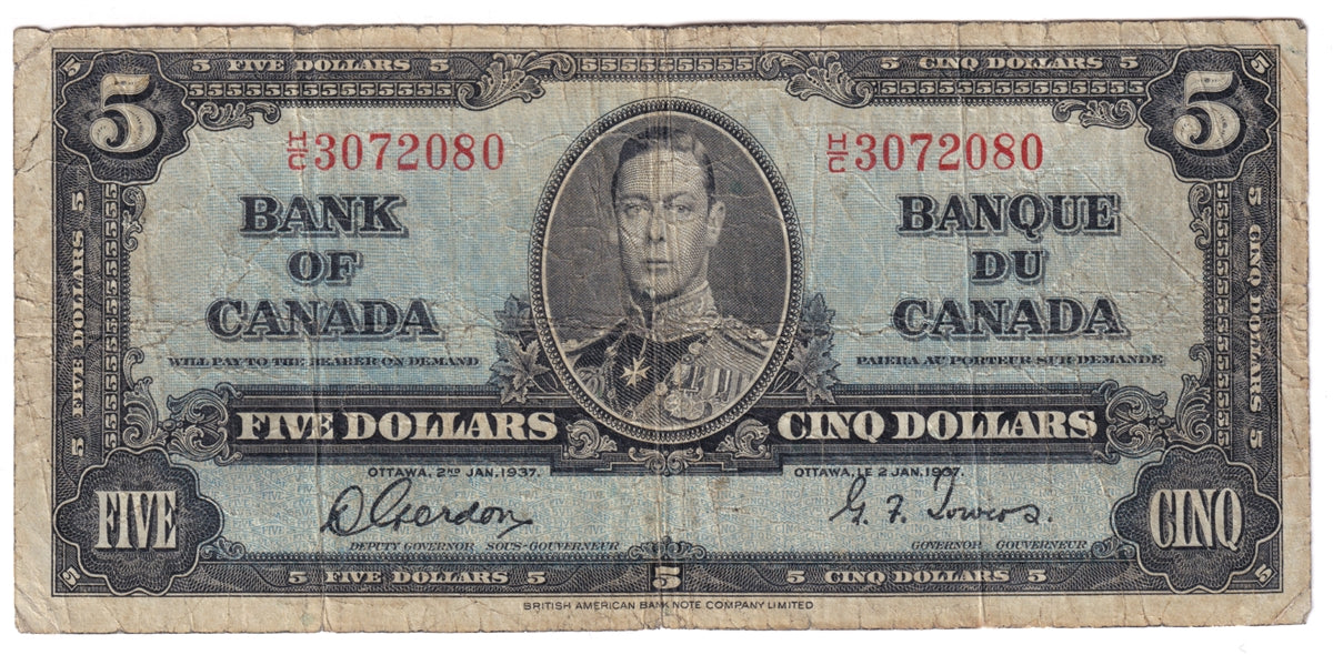 BC-23b 1937 Canada $5 Gordon-Towers, H/C, Very Good (VG8)