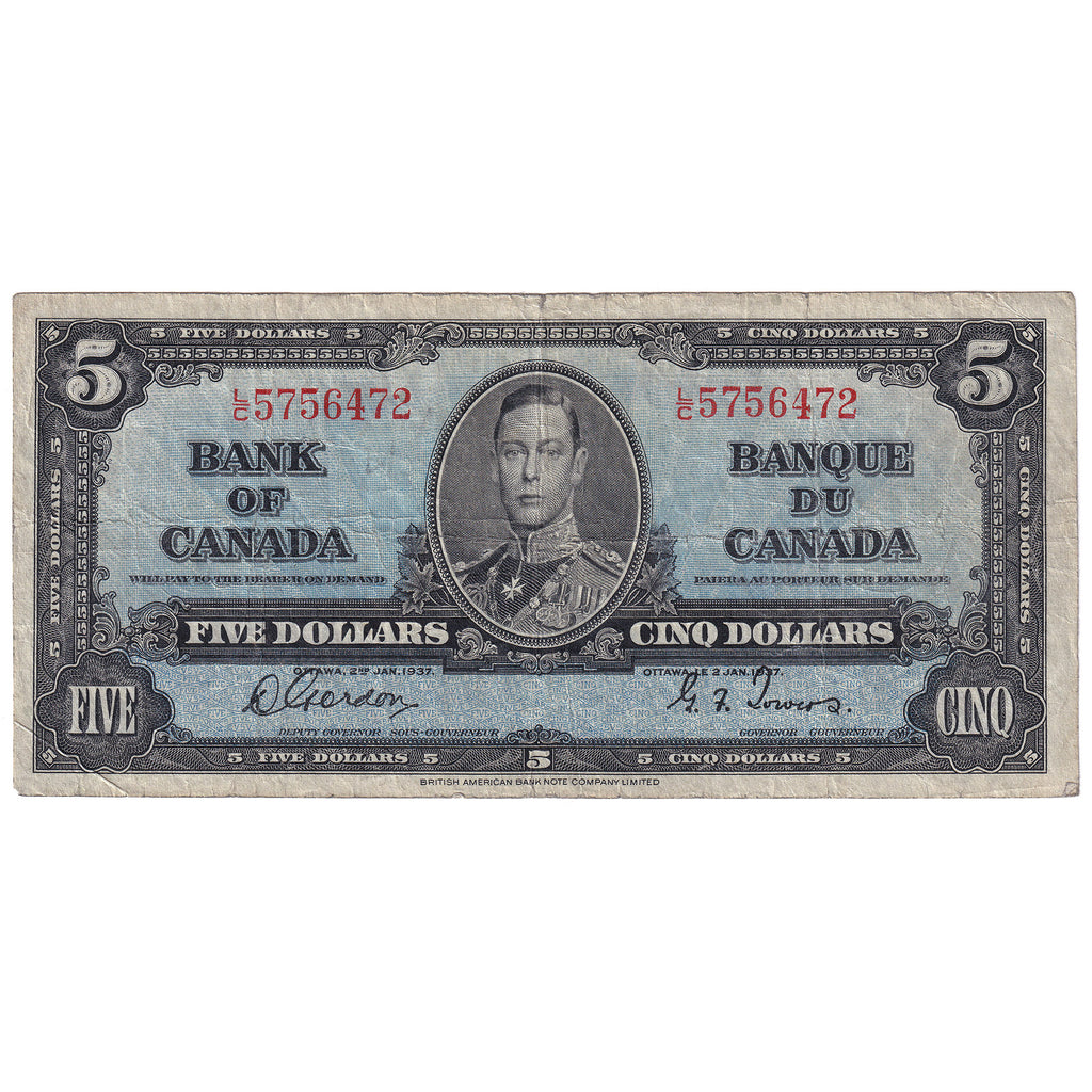 BC-23b 1937 Canada $5 Gordon-Towers, L/C, F