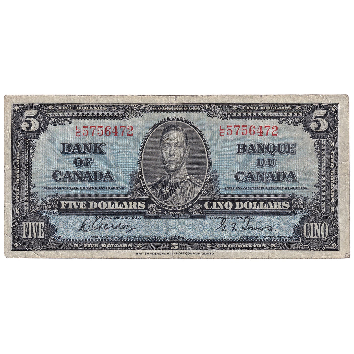 BC-23b 1937 Canada $5 Gordon-Towers, L/C, F