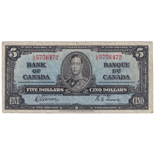 BC-23b 1937 Canada $5 Gordon-Towers, L/C, F