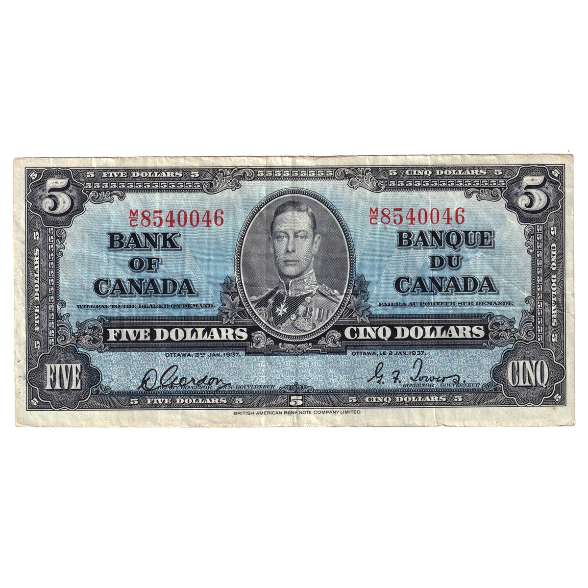 BC-23b 1937 Canada $5 Gordon-Towers, M/C, Very Fine (VF20)