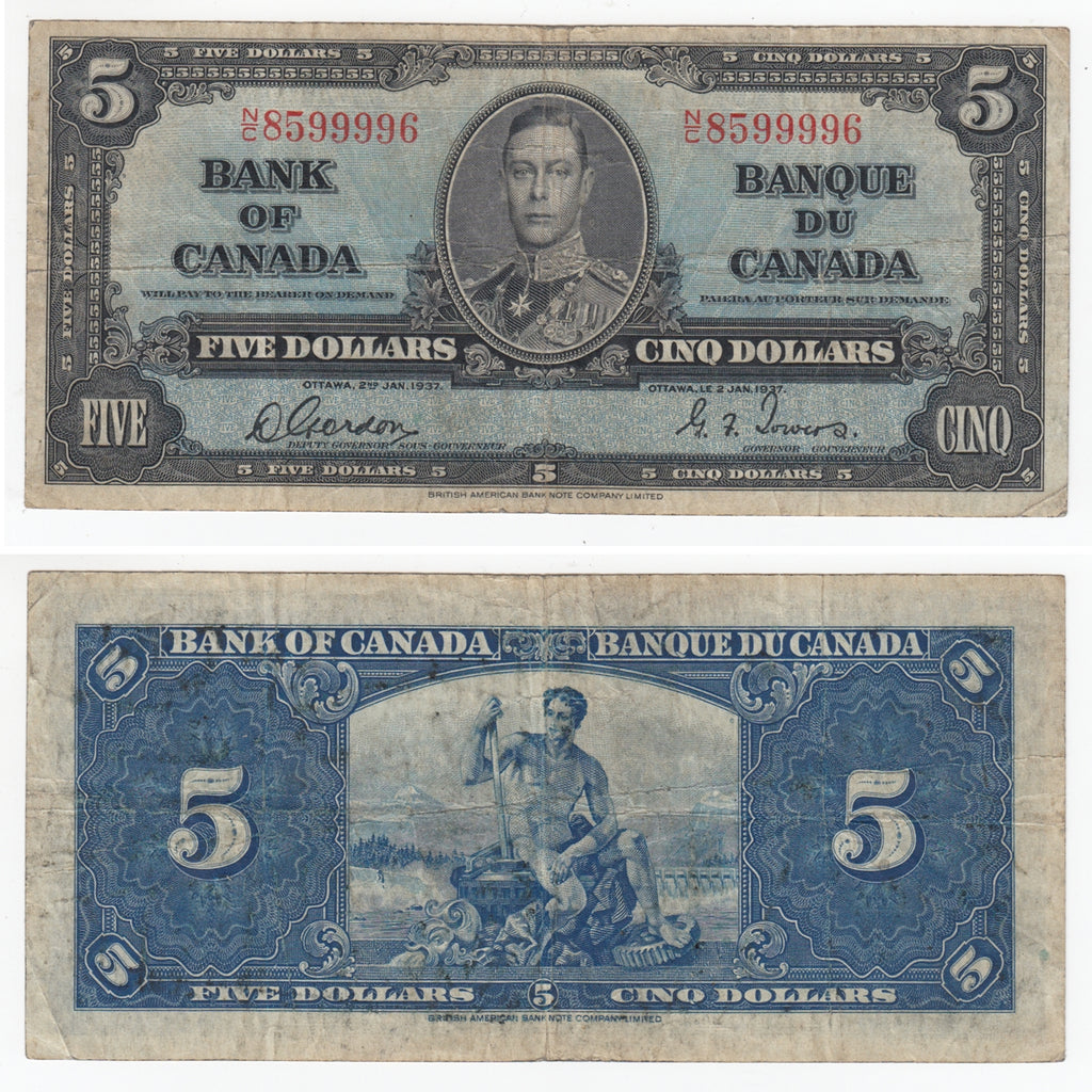 BC-23b 1937 Canada $5 Gordon-Towers, N/C, Fine (F12)