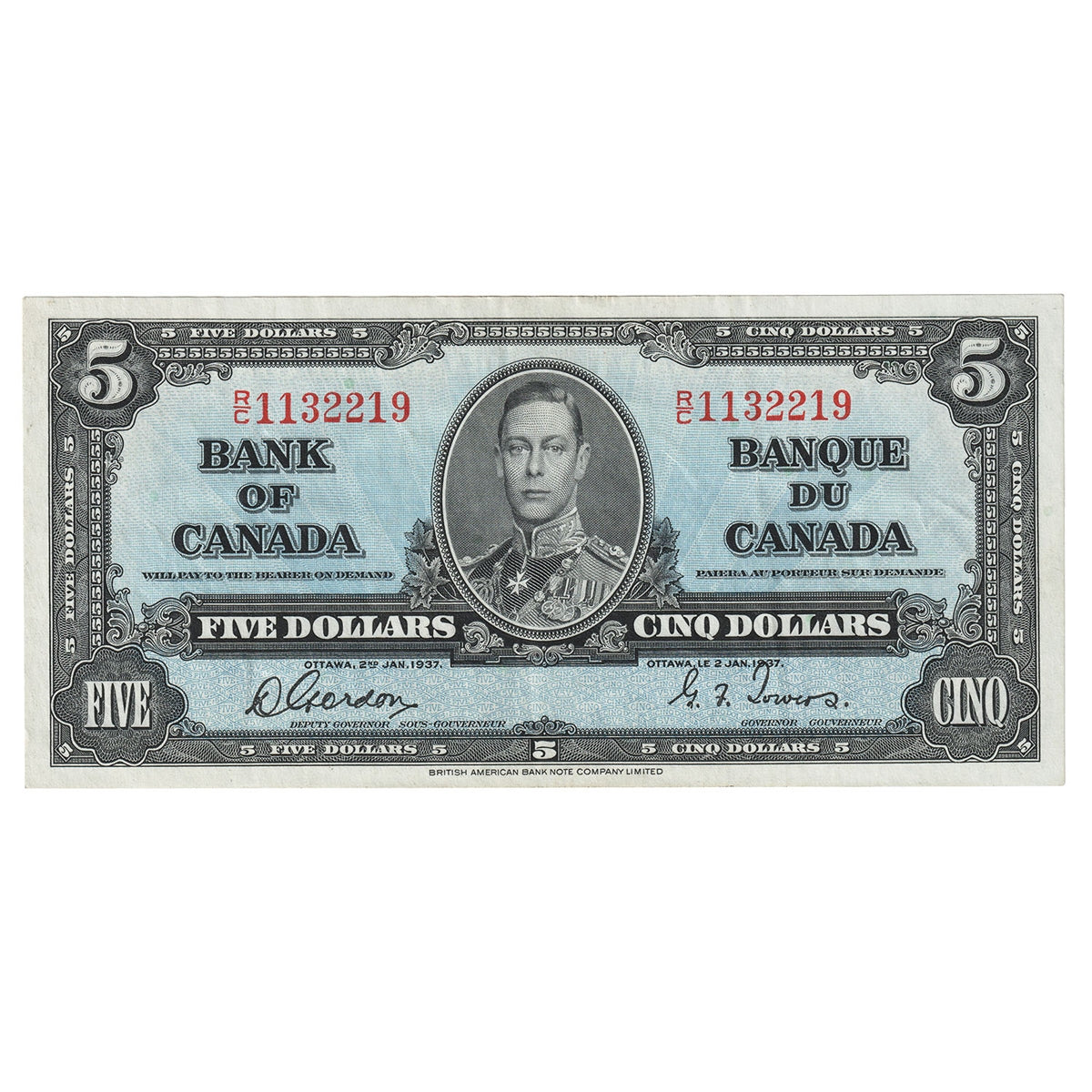 BC-23b 1937 Canada $5 Gordon-Towers, R/C, VF-EF (VF30)