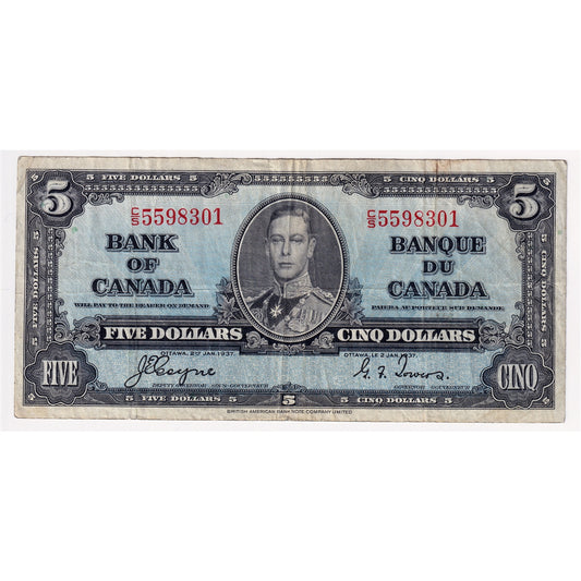 BC-23c 1937 Canada $5 Coyne-Towers, C/S, F-VF (F15)