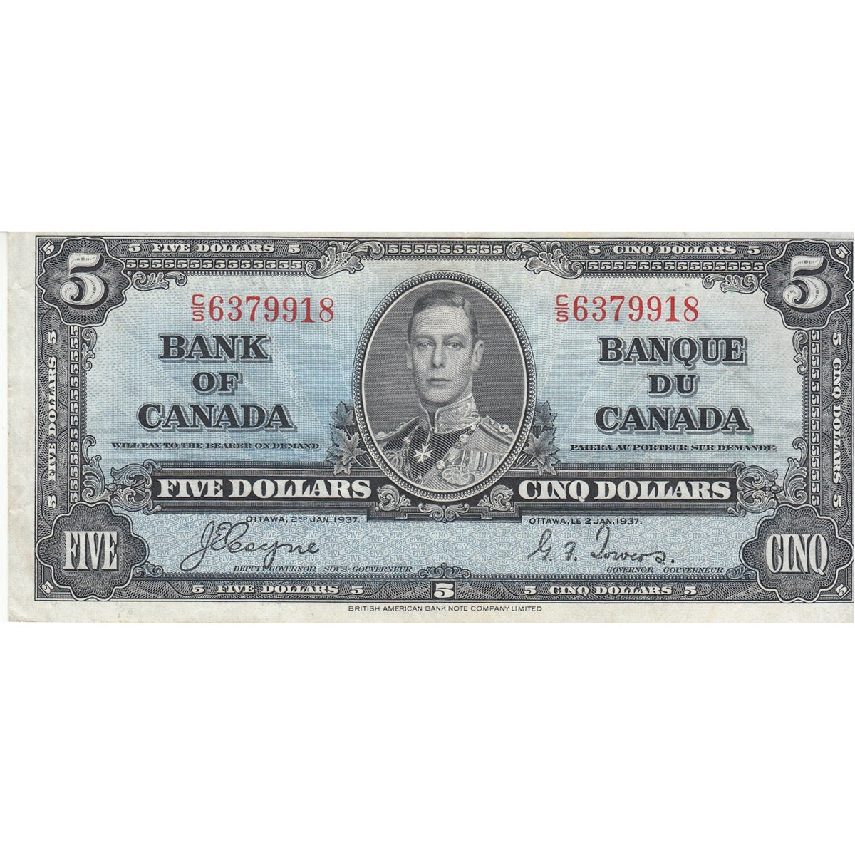 BC-23c 1937 Canada $5 Coyne-Towers, C/S, VF-EF (VF30)