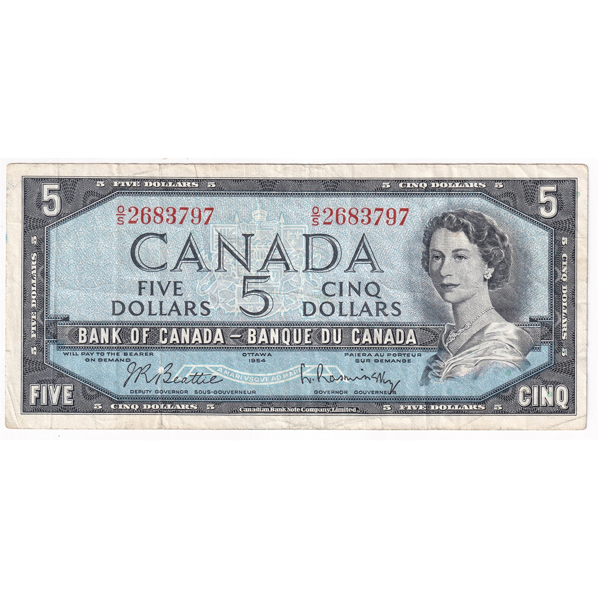 BC-39b 1954 Canada $5 Beattie-Rasminsky, O/S, Very Fine (VF20)