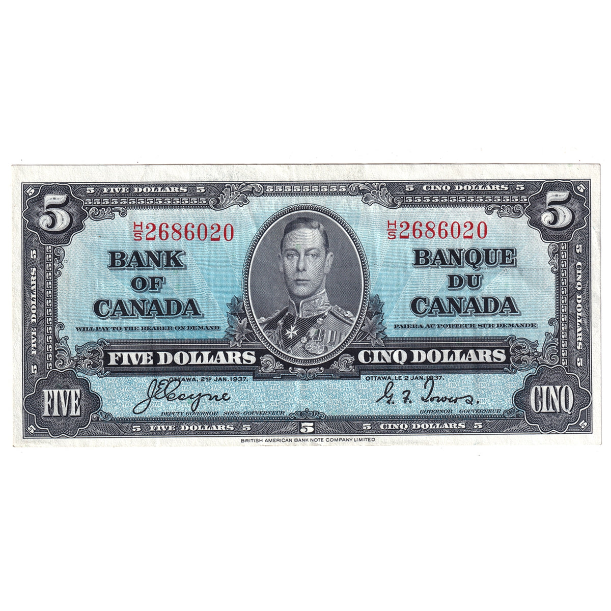 BC-23c 1937 Canada $5 Coyne-Towers, H/S, Extra Fine (EF40)