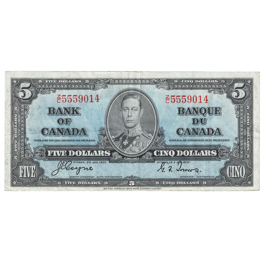BC-23c 1937 Canada $5 Coyne-Towers, Z/C, VF-EF (VF30)