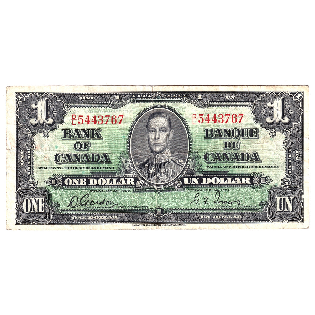 BC-21c 1937 Canada $1 Gordon-Towers, D/L, F-VF (F15)