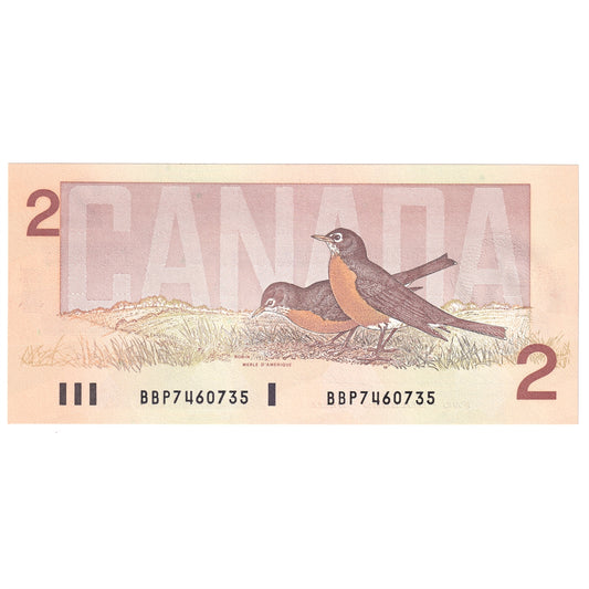 BC-55b 1986 Canada $2 Thiessen-Crow, BBP, Small B, Choice Uncirculated (CUNC63)