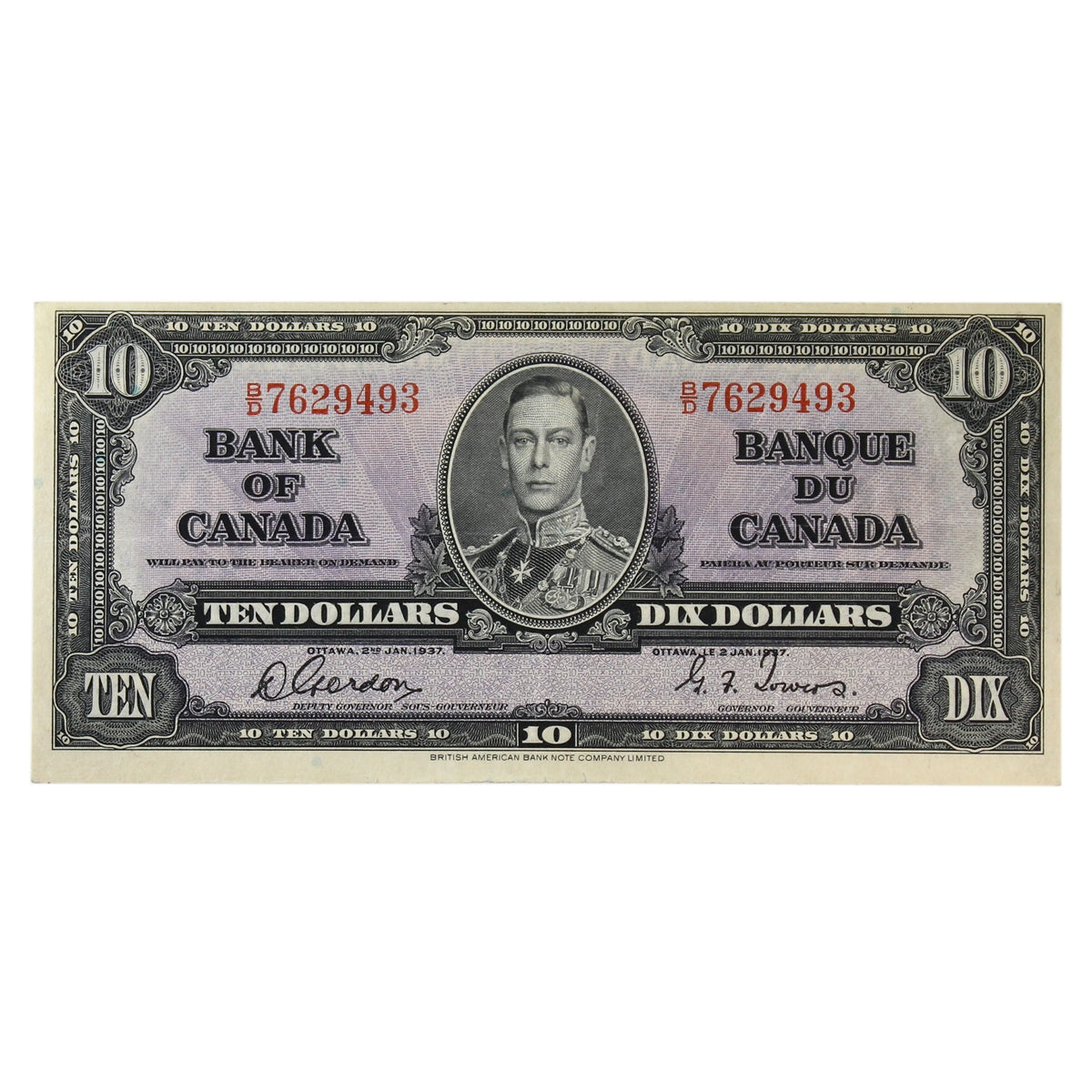 BC-24b 1937 Canada $10 Gordon-Towers, B/D, Extra Fine (EF40)