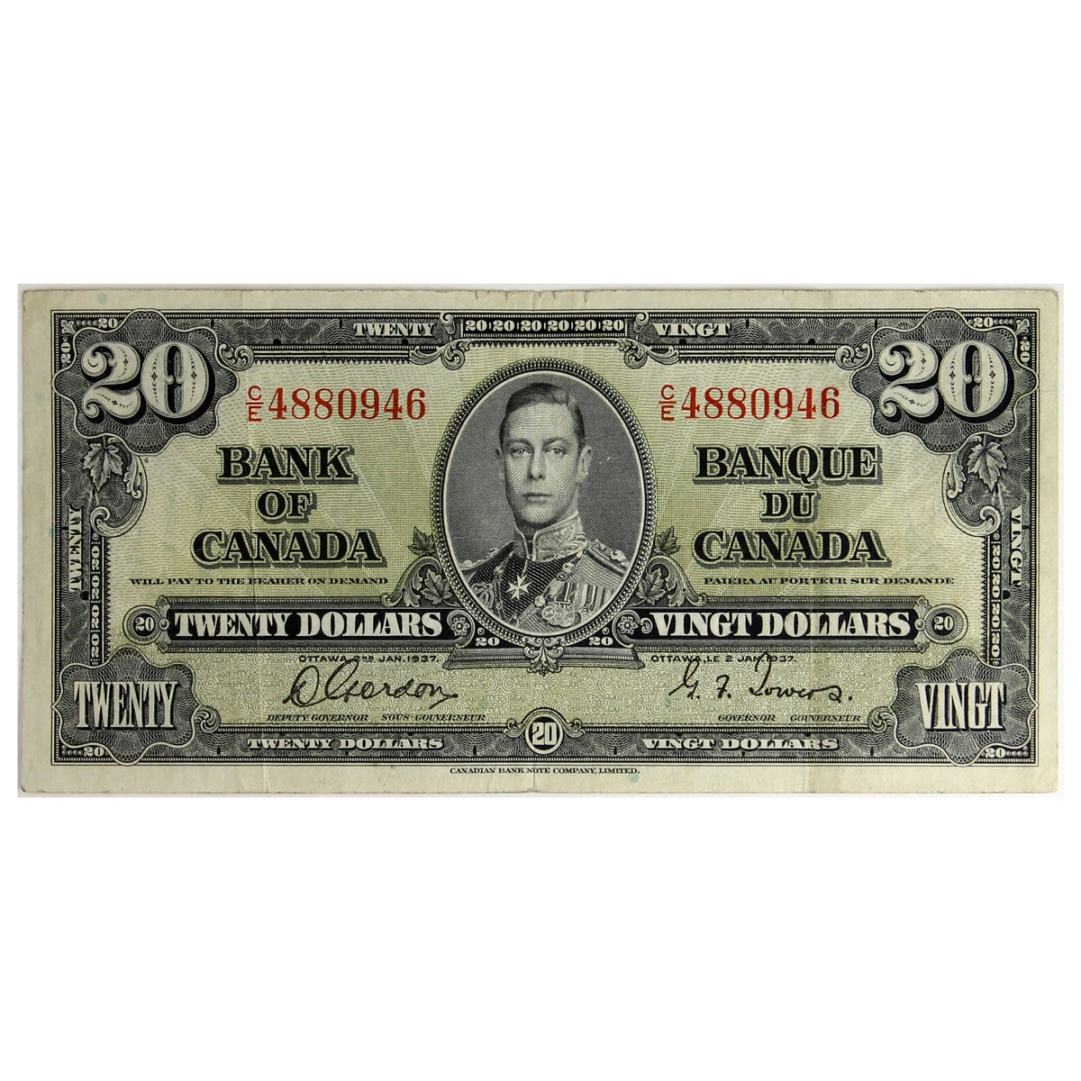 BC-25b 1937 Canada $20 Gordon-Towers, C/E, VF