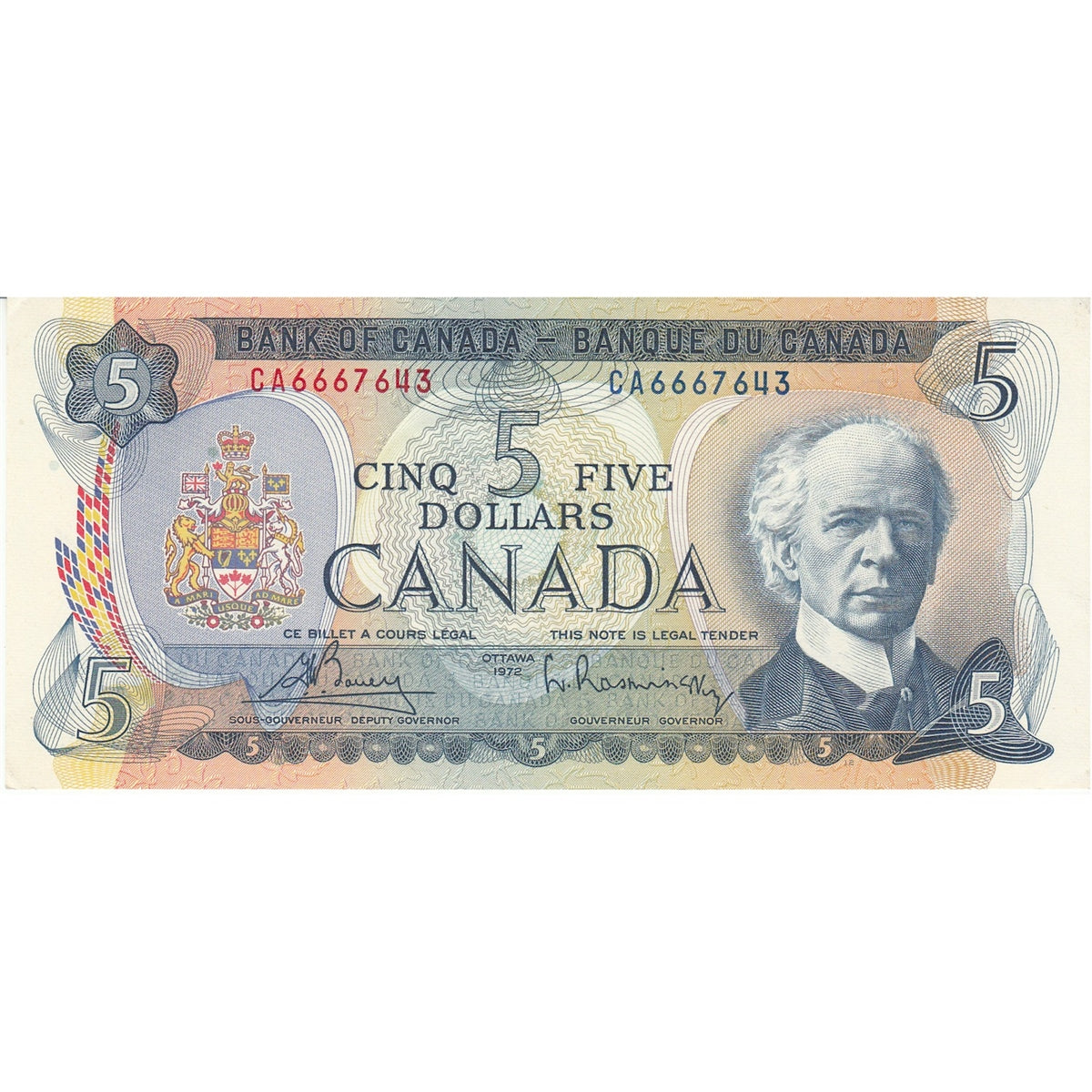 BC-48a 1972 Canada $5 Bouey-Rasminsky, CA, AU-UNC (AU55)