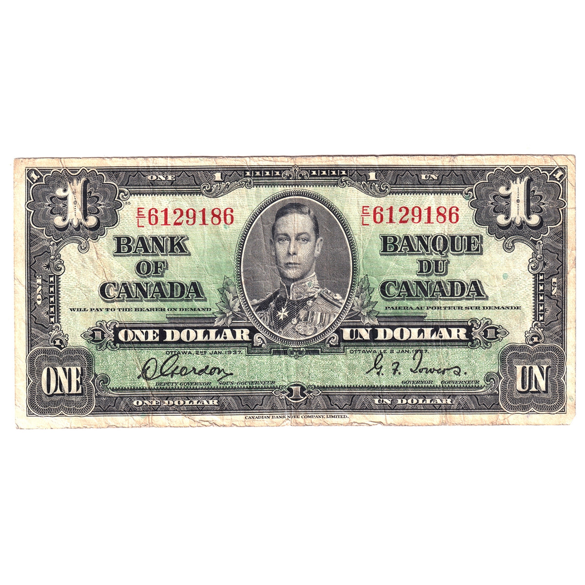 BC-21c 1937 Canada $1 Gordon-Towers, E/L, Circ