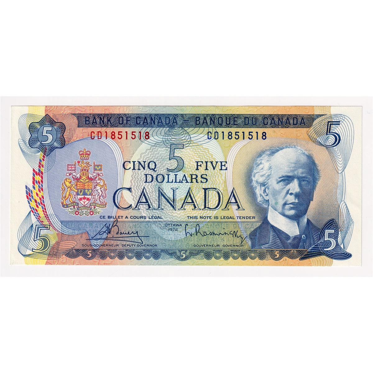 BC-48a 1972 Canada $5 Bouey-Rasminsky, CD, Uncirculated (MS60)