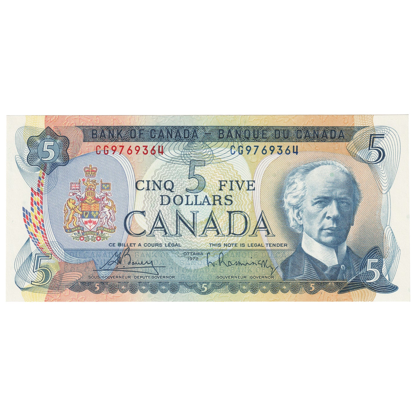 BC-48a 1972 Canada $5 Bouey-Rasminsky, CG, Uncirculated (MS60)