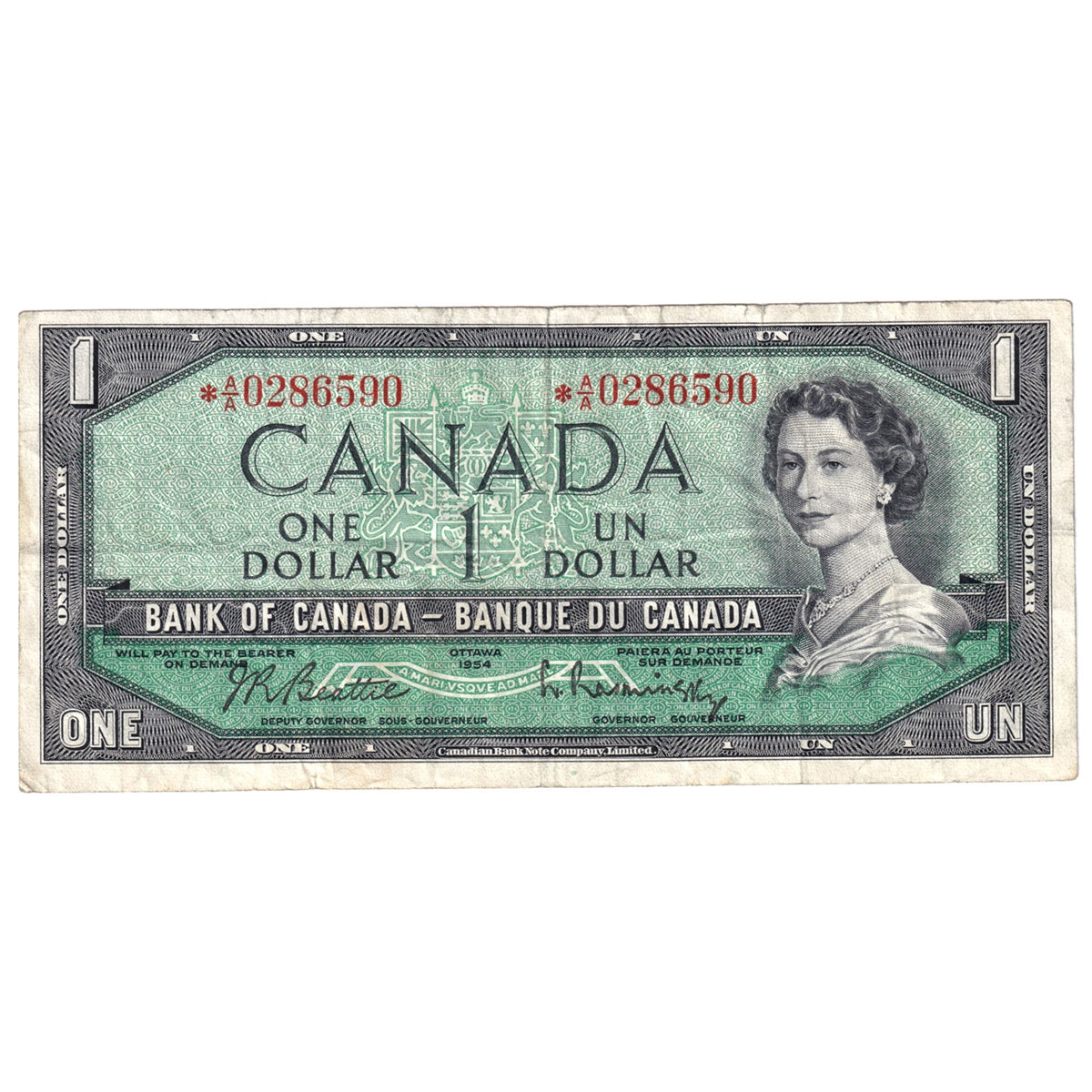 BC-37bA 1954 Canada $1 Beattie-Rasminsky, *A/A, Circ