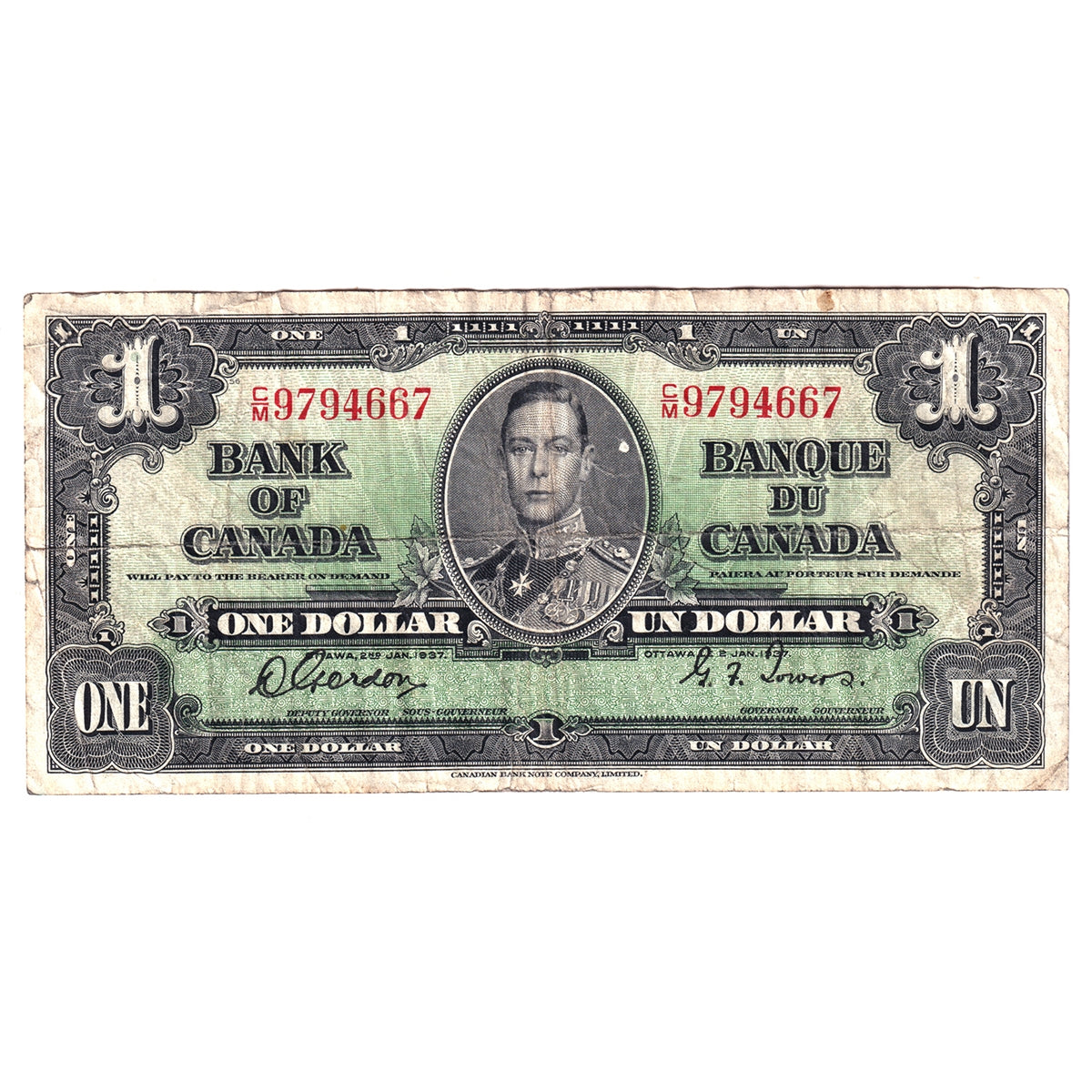 BC-21c 1937 Canada $1 Gordon-Towers, C/M, Circ