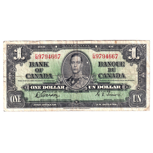 BC-21c 1937 Canada $1 Gordon-Towers, C/M, Circ